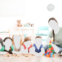 Four children and a woman playing with blocks in a brightly lit playroom.