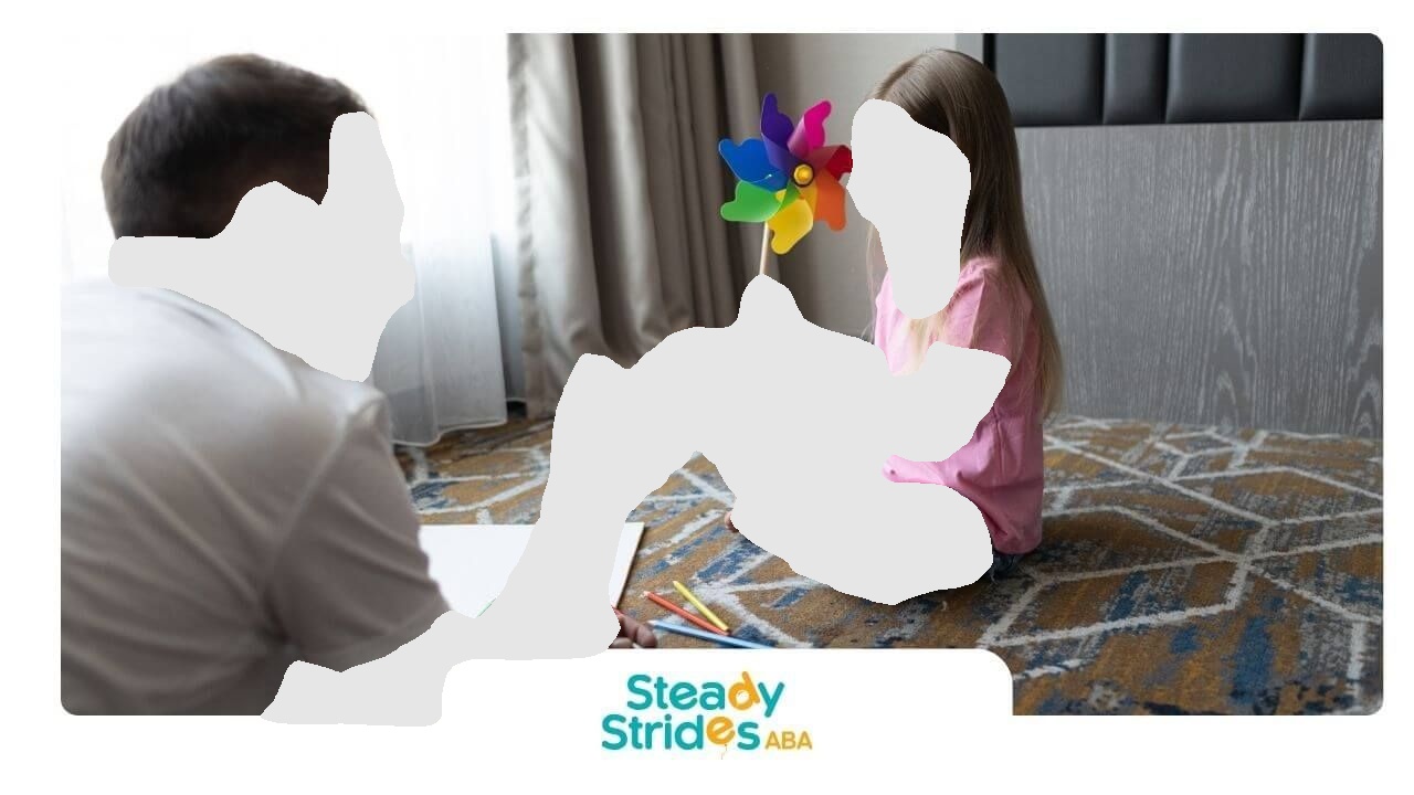 Therapist encouraging autistic girl holding a colorful pinwheel toy, supporting engagement & focus