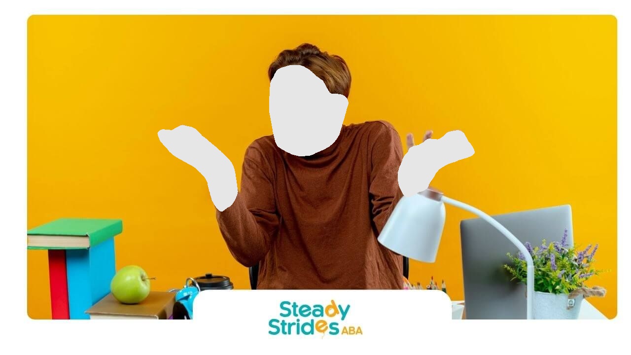 Confused therapist sitting at a desk with books and supplies, shrugging while studying indoor